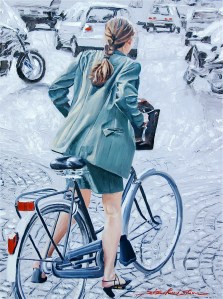 painting of woman bicycling in Paris, Sharon Rusch Shaver