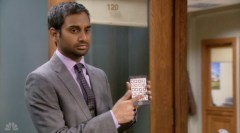 Tom on "Parks and Recreation" makes a paper iPhone after barred by a judge from using electronics for a week.