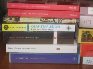 Another stack from the London box:  Platanov's The Foundation Pit, Mishima's The Temple of Dawn, Penelope Fitzgerald's The Means of Escape, Olaf Stapledon's Last and First Men, Dicken's The Pickwick Papers, Robert Graves' The Golden Fleece & L. P. Hartley's My Fellow Devils