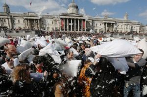 Pillow fight at Trafalgar Square.   I'm SO glad I missed this.