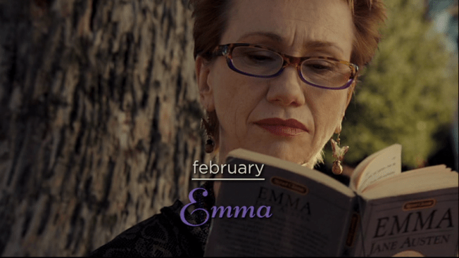 Bernadette (Kathy Baker) reading "Emma" in "The Jane Austen Book Club"