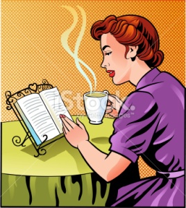 vintage woman reading book stock-illustration-21375543-vintage-woman-reading-book-and-holding-cup-of-coffee