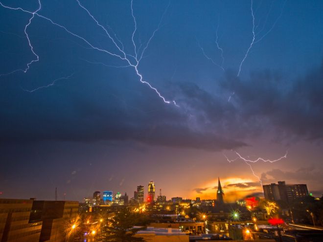 Lightning at sunset, June 24, 2015