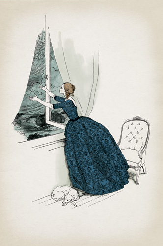 An illustration of Elena looking out the window (Folio Society edition)